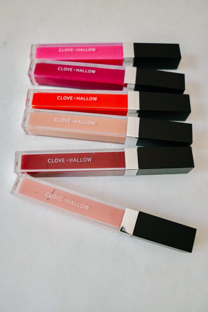 A colorful assortment of Lip Velvets lined up on counter